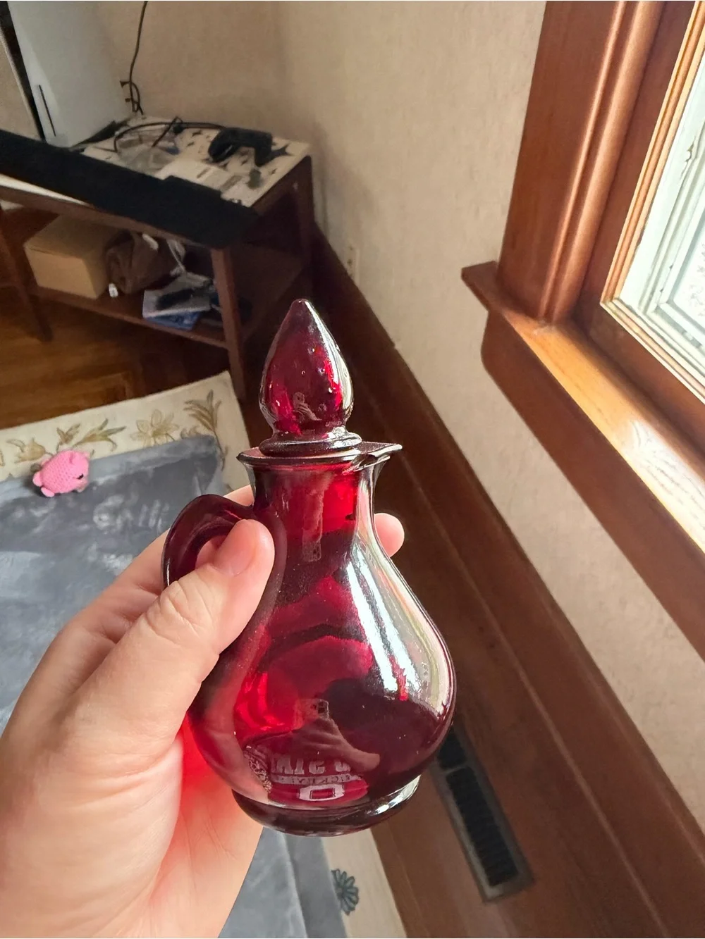 Ruby Red Glass Cruet Bottle with Strawberry Stopper - Avon